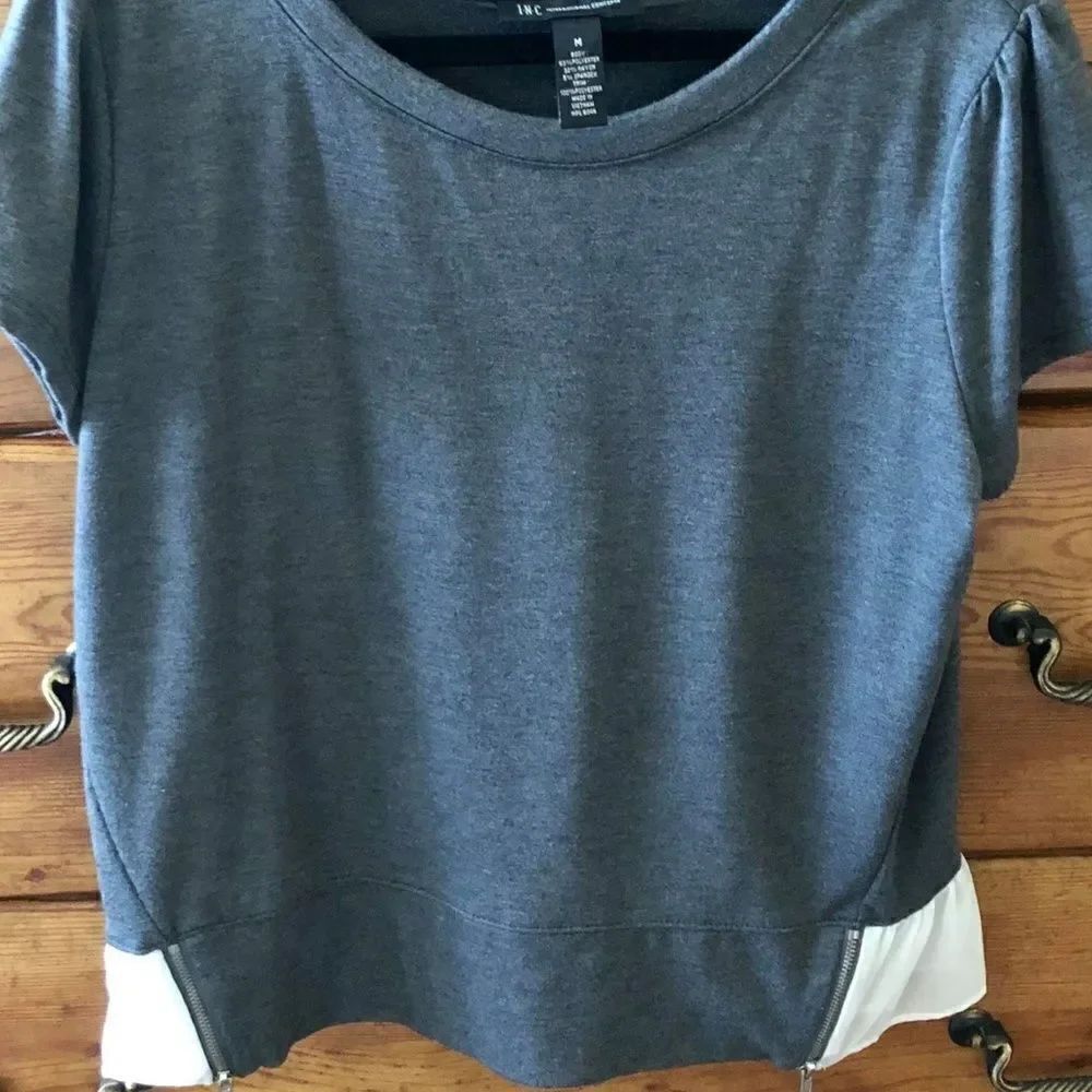 INC Gray Layered Look Zipper White Hem Shi…